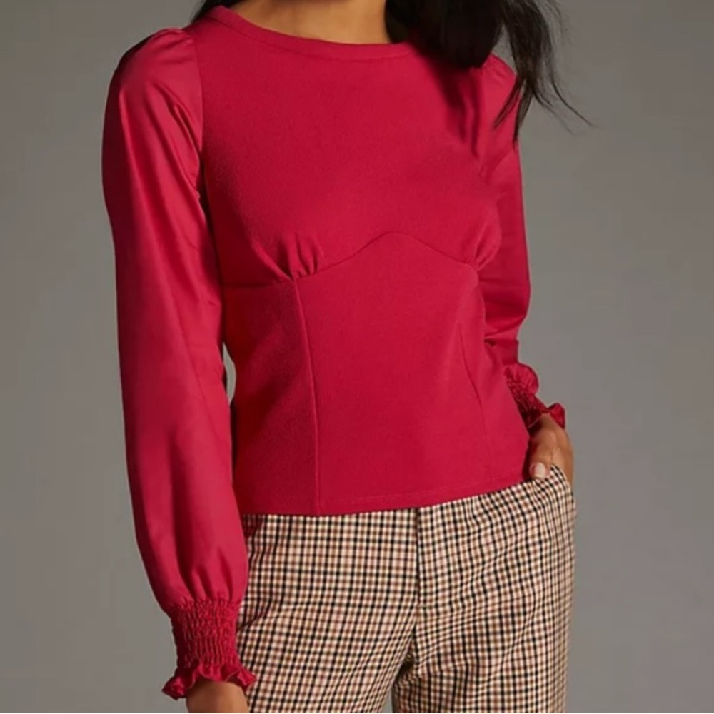 Anthropologie Pink Long-Sleeve Fitted Blouse